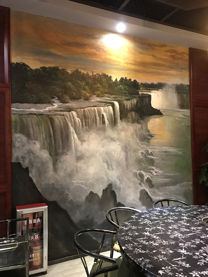 传统山水画文化主题餐厅墙绘案例